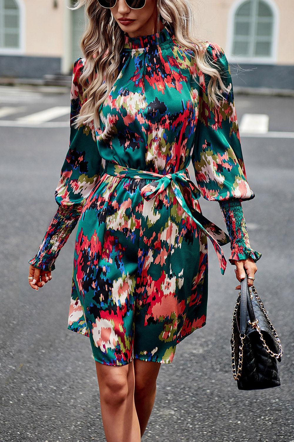 Printed Tie Waist Mock Neck Lantern Sleeve Dress Carauana Store