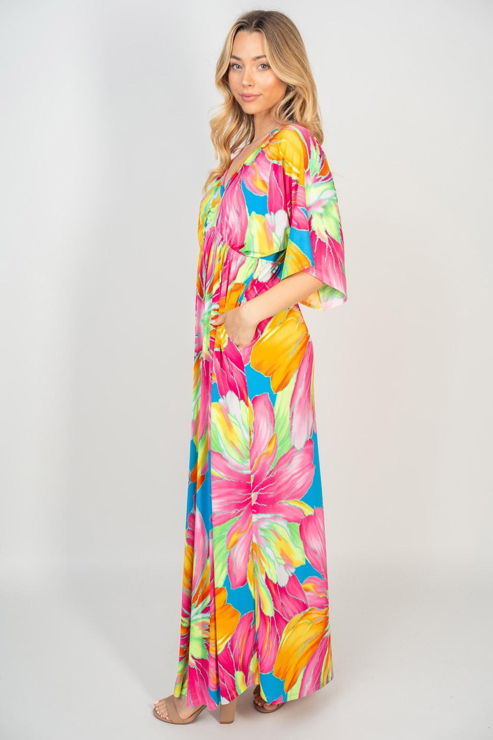 White Birch Printed V-Neck Maxi Dress with Pockets Carauana Store