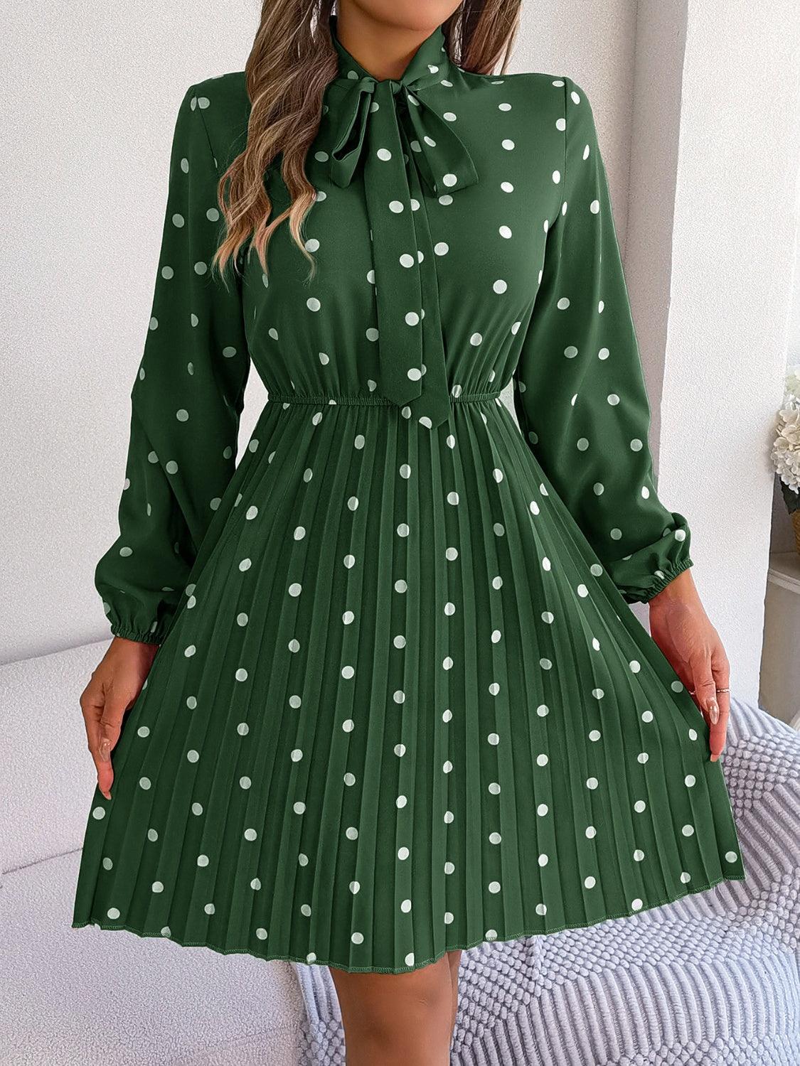 Polka Dot Tie Neck Pleated Dress Carauana Store