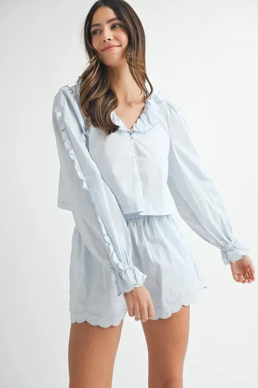 MABLE Long Sleeve Scallop Blouse and Shorts Set Carauana Store