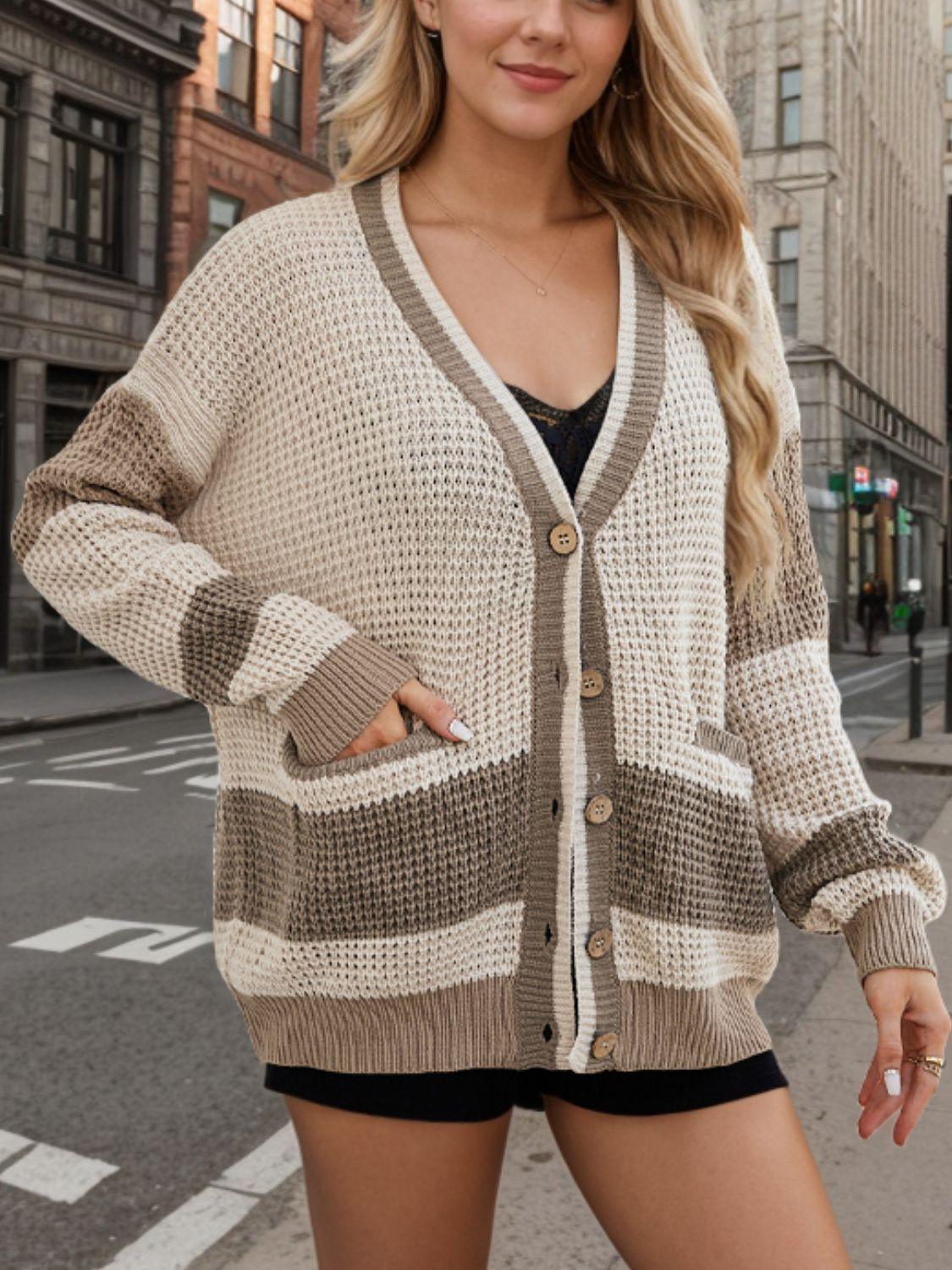 Contrast Button Up Long Sleeve Cardigan Carauana Store