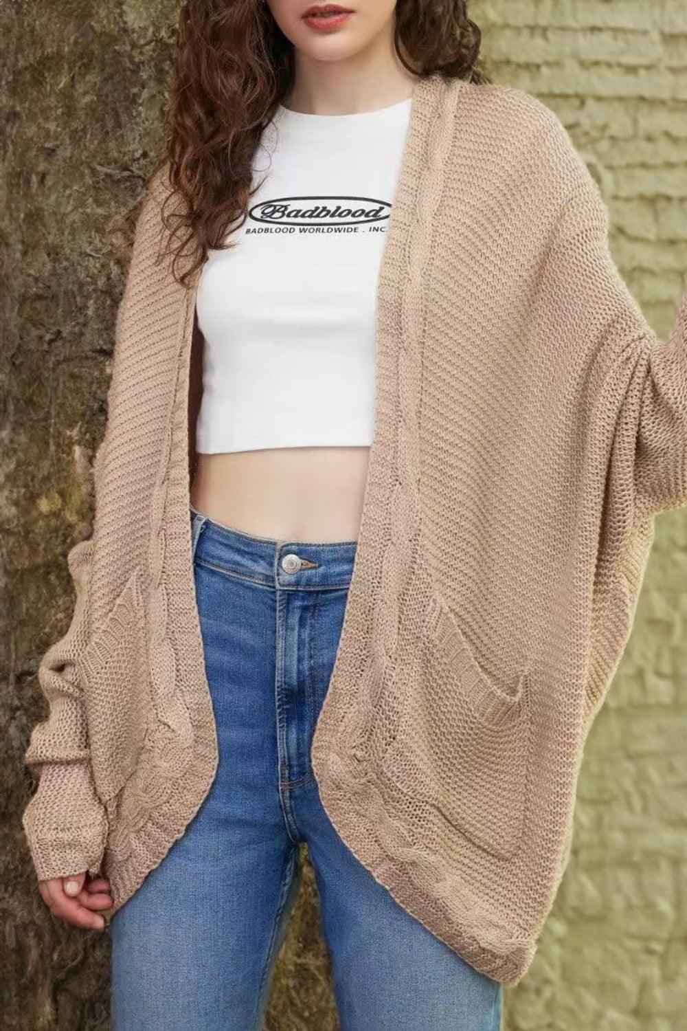 Cable-Knit Open Front Cardigan with Pockets Carauana Store