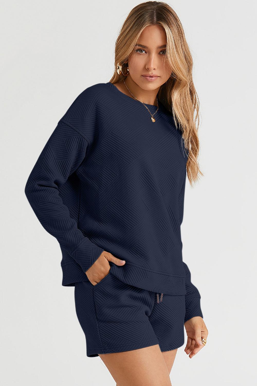 Double Take Full Size Texture Long Sleeve Top and Drawstring Shorts Set Carauana Store
