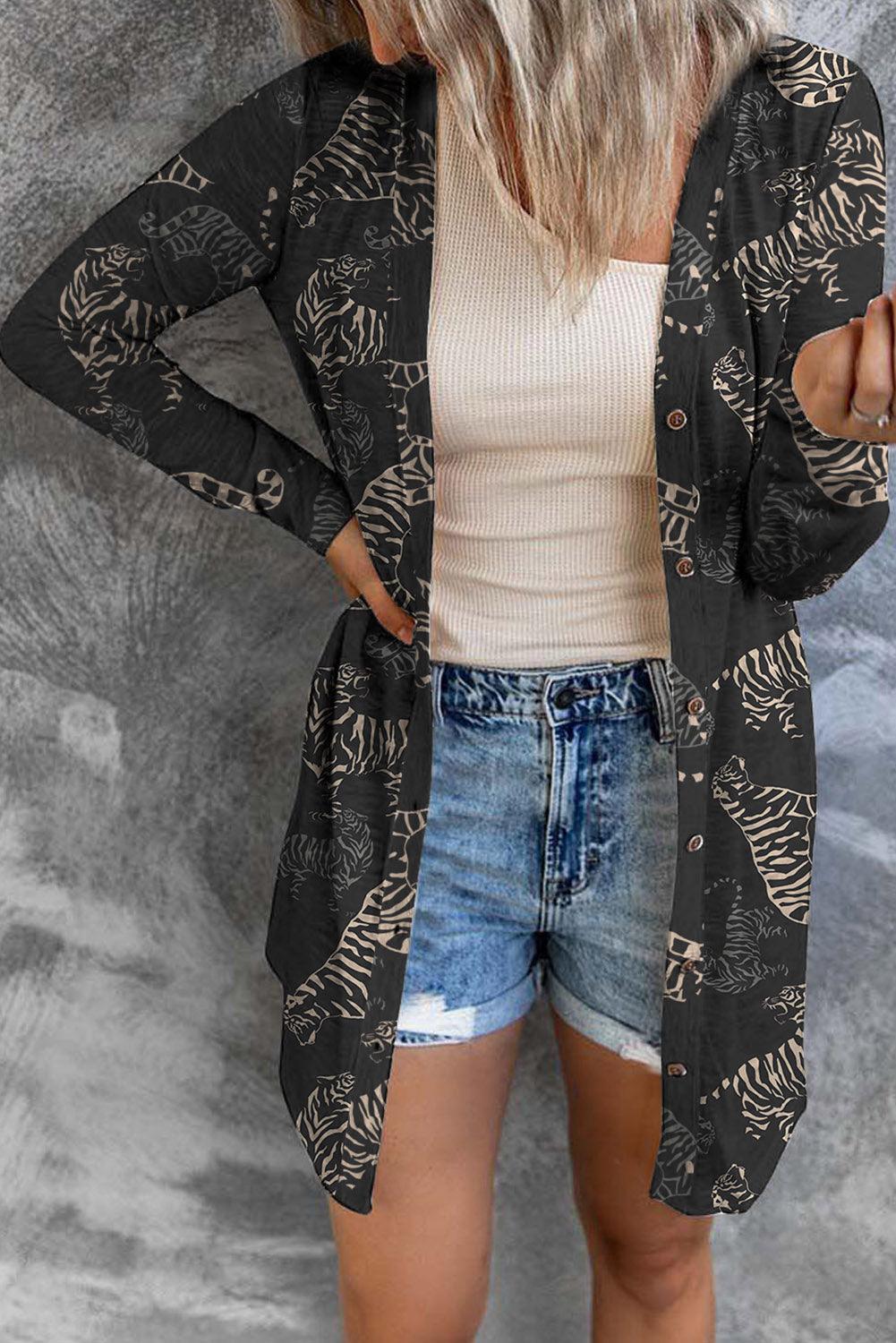Tiger Print Button Up Long Sleeve Cardigan Carauana Store