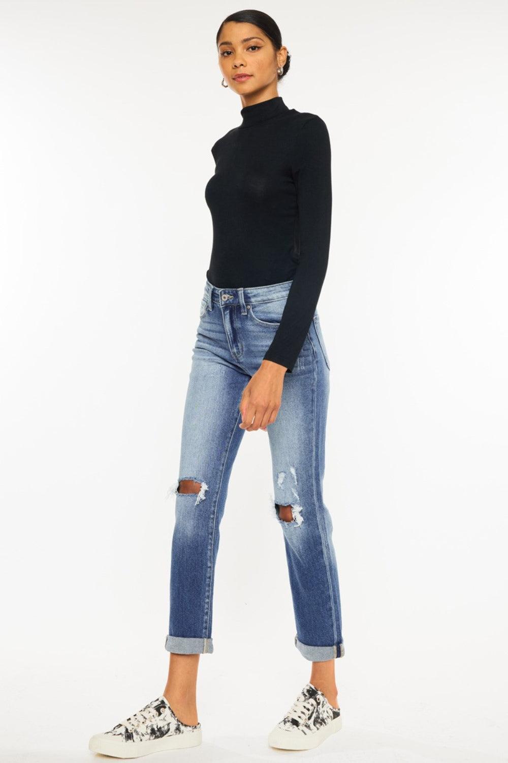 Kancan High Waist Distressed Hem Detail Cropped Straight Jeans Carauana Store