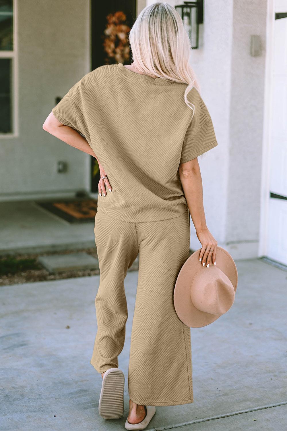 Double Take Full Size Texture Short Sleeve Top and Pants Set Carauana Store