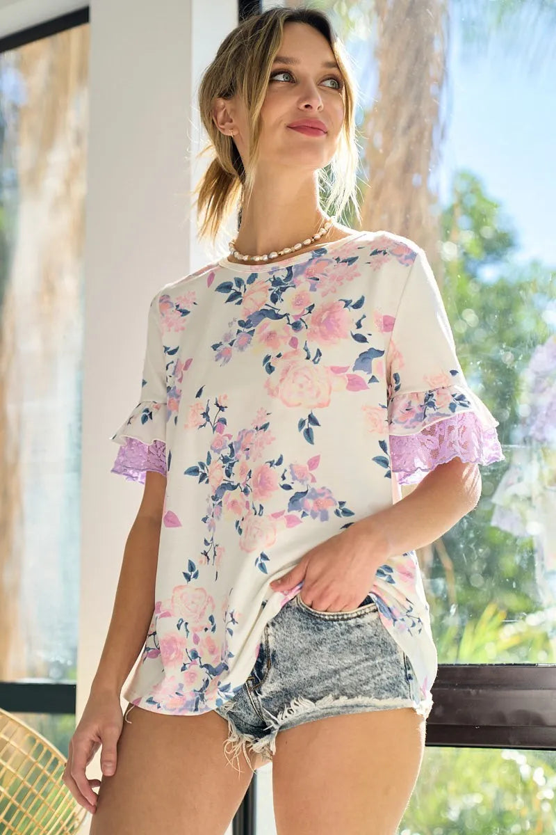 BiBi Floral Print French Terry with Lace Sleeve Top Carauana Store