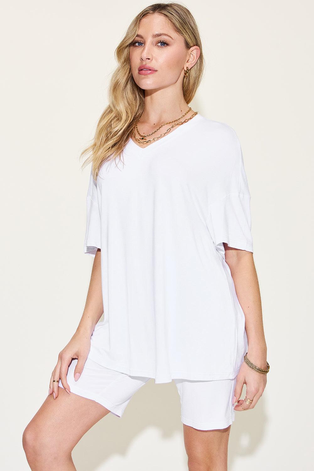 Basic Bae Full Size V-Neck Drop Shoulder Short Sleeve T-Shirt and Shorts Set Carauana Store
