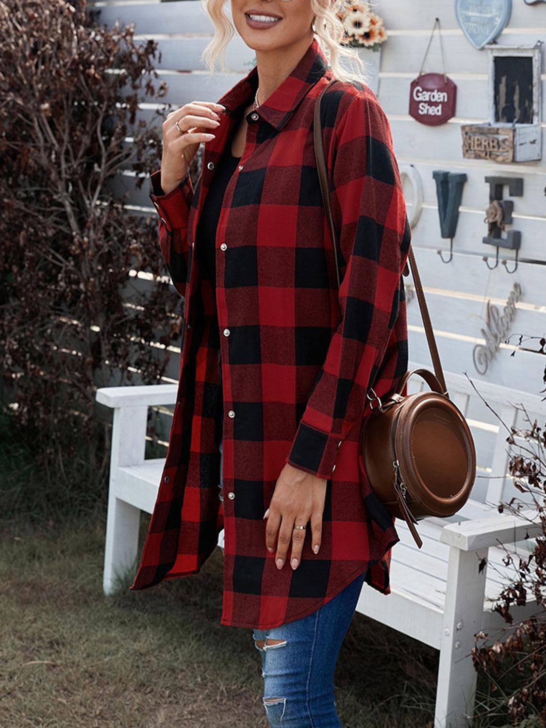 Plaid Snap Down Long Sleeve Jacket Carauana Store