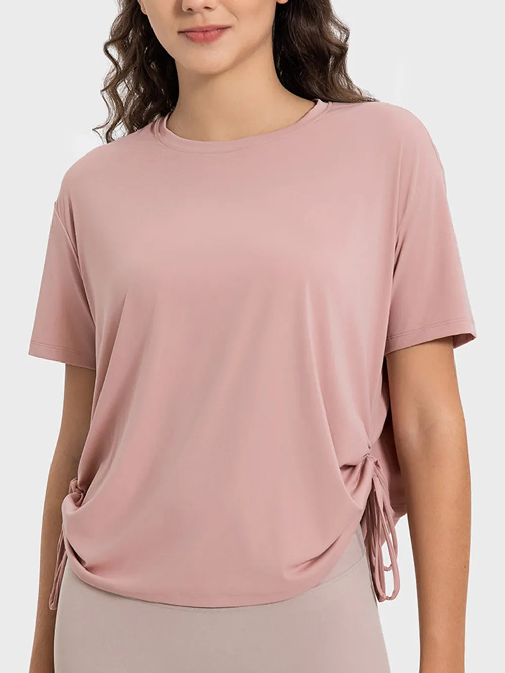Millennia Drawstring Round Neck Short Sleeve Active T-Shirt Carauana Store