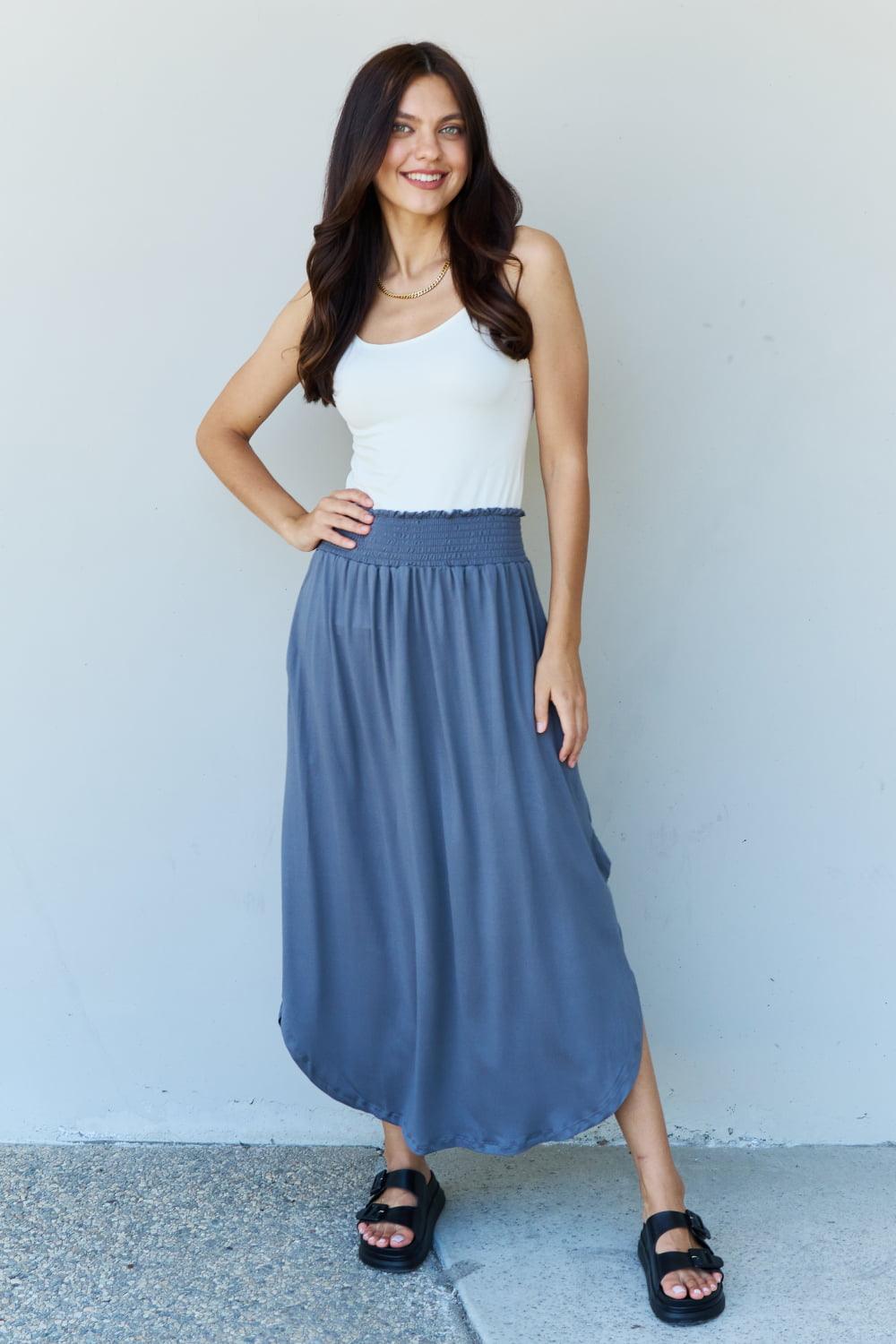 Doublju Comfort Princess Full Size High Waist Scoop Hem Maxi Skirt in Dusty Blue Carauana Store