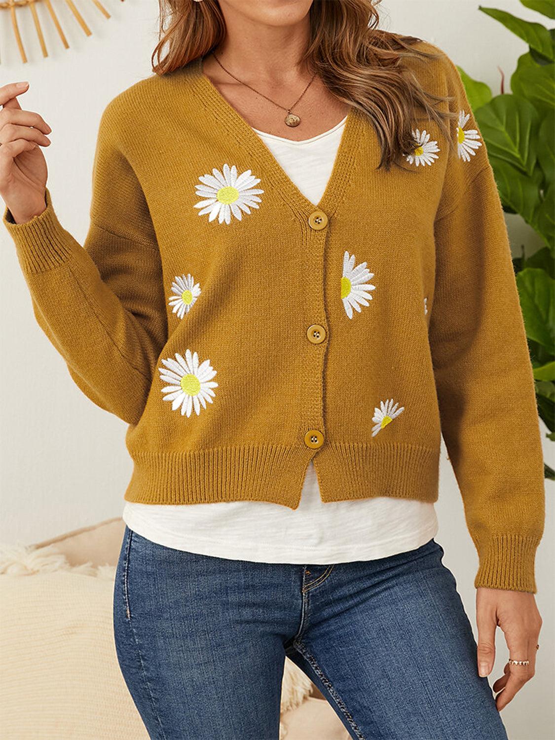 Flower Button Front Dropped Shoulder Cardigan Carauana Store