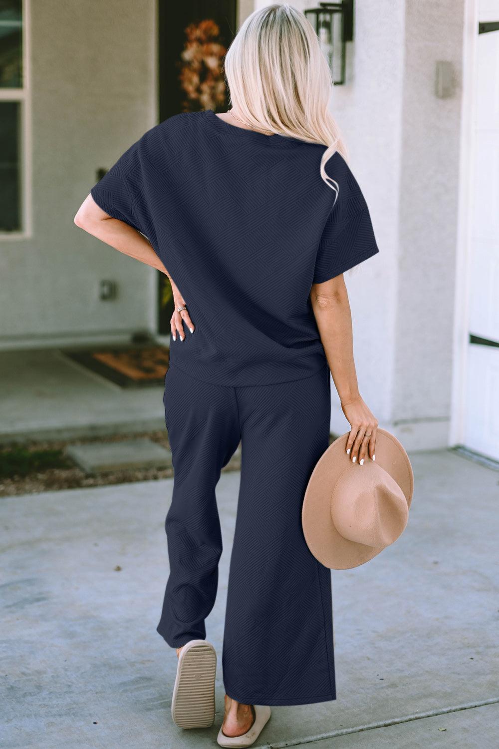 Double Take Full Size Texture Short Sleeve Top and Pants Set Carauana Store