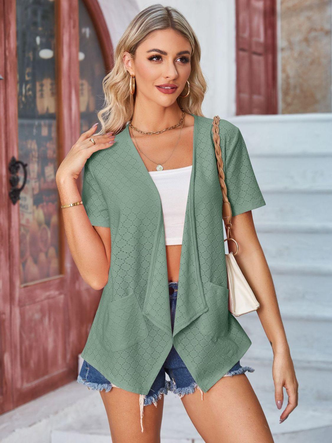 Eyelet Open Front Short Sleeve Cover Up Carauana Store