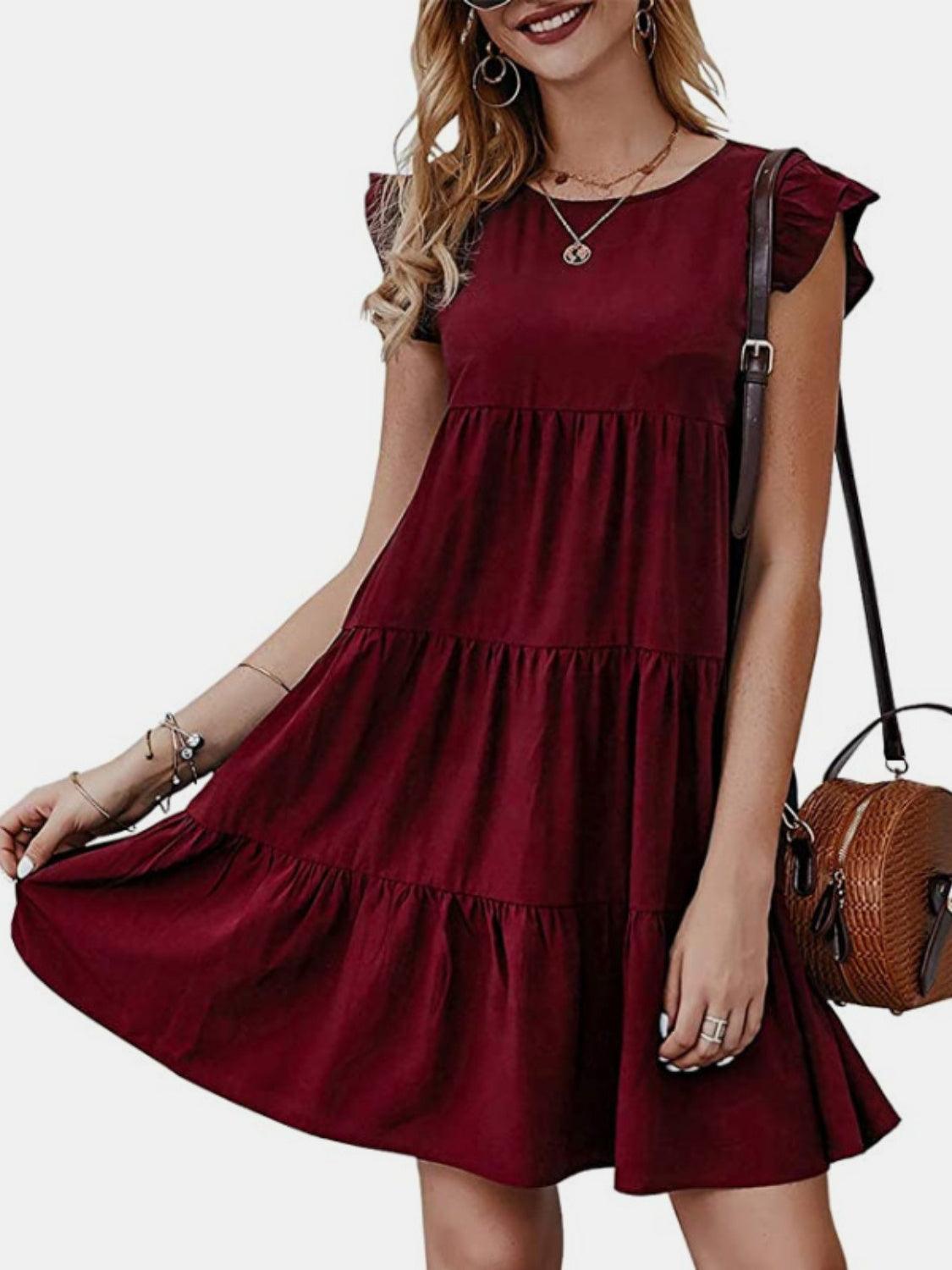 Ruffled Round Neck Cap Sleeve Mini Dress Carauana Store