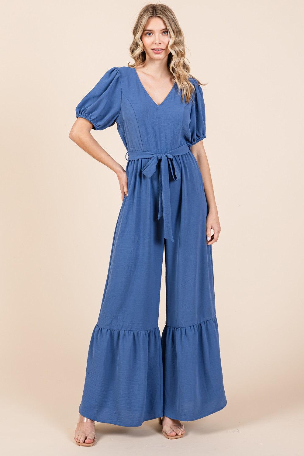 GeeGee Full Size V-Neck Belted Wide Leg Jumpsuit Carauana Store