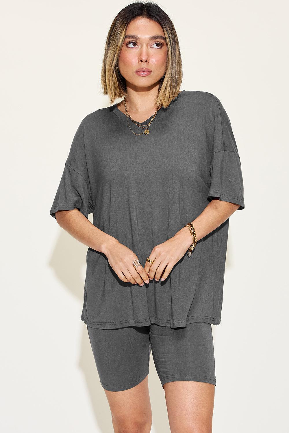 Basic Bae Full Size V-Neck Drop Shoulder Short Sleeve T-Shirt and Shorts Set Carauana Store
