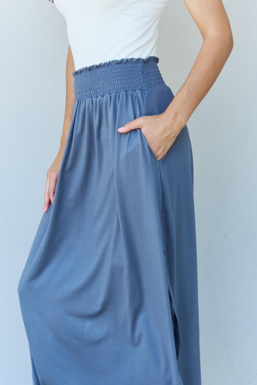 Doublju Comfort Princess Full Size High Waist Scoop Hem Maxi Skirt in Dusty Blue Carauana Store