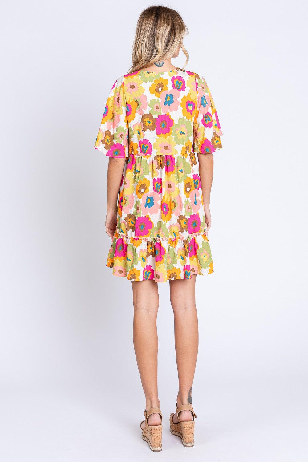 GeeGee Full Size Floral V-Neck Ruffle Trim Mini Dress Carauana Store