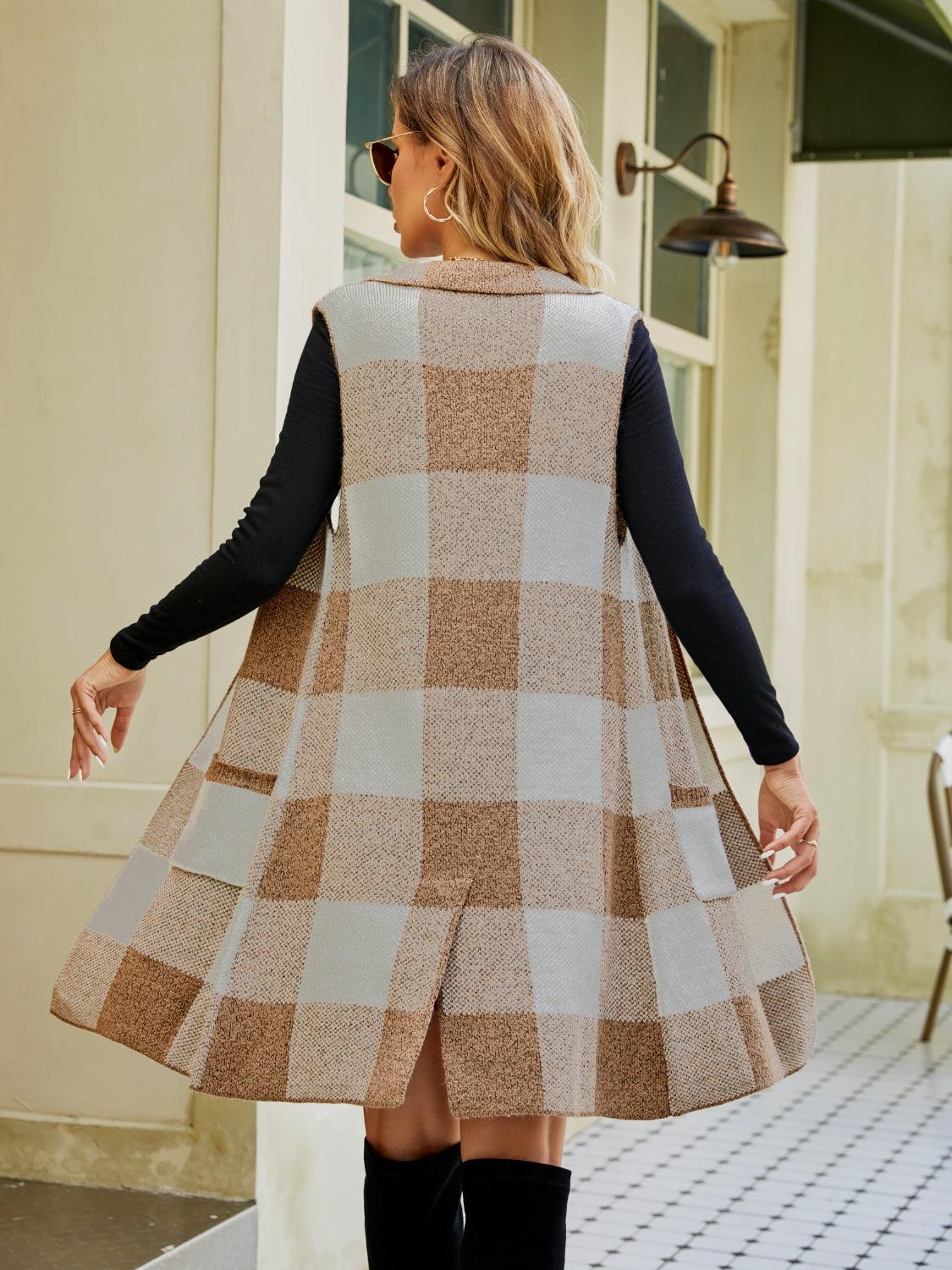 Plaid Lapel Collar Sleeveless Cardigan Carauana Store