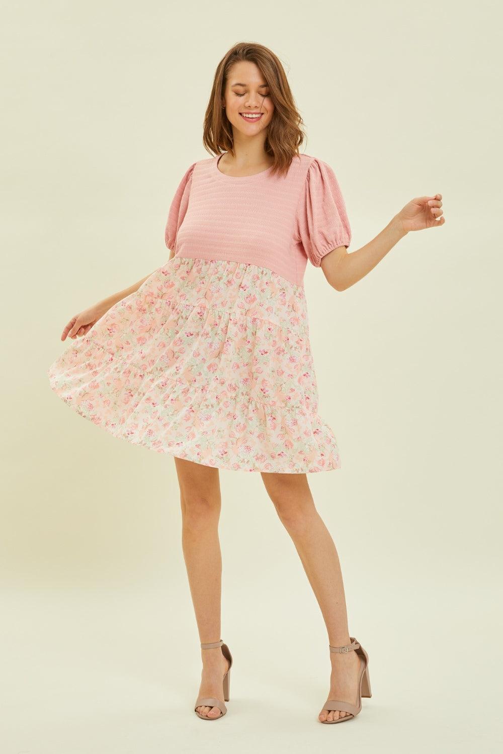 HEYSON Full Size Round Neck Floral Ruffle Hem Mini Dress Carauana Store