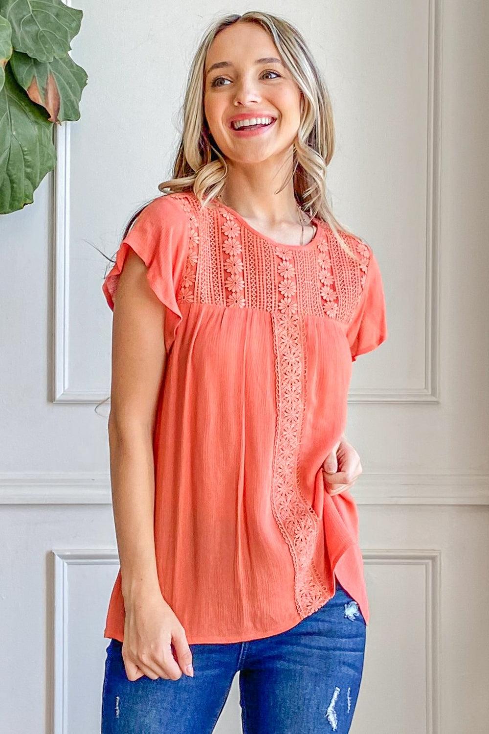 And The Why Lace Detail Ruffle Short Sleeve Blouse Carauana Store