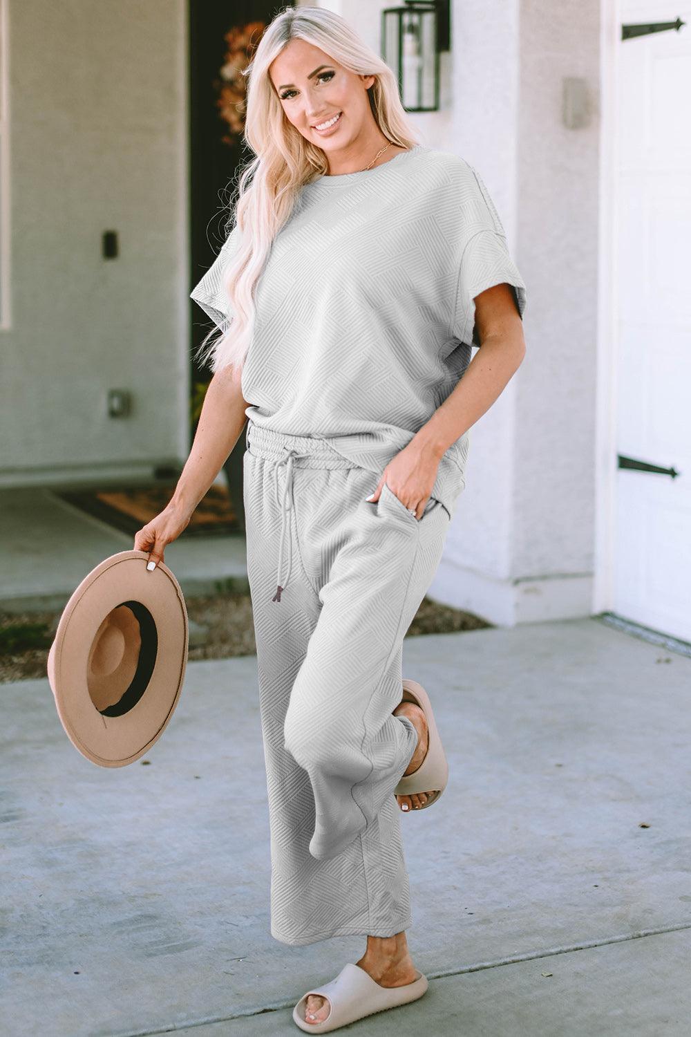 Double Take Full Size Texture Short Sleeve Top and Pants Set Carauana Store