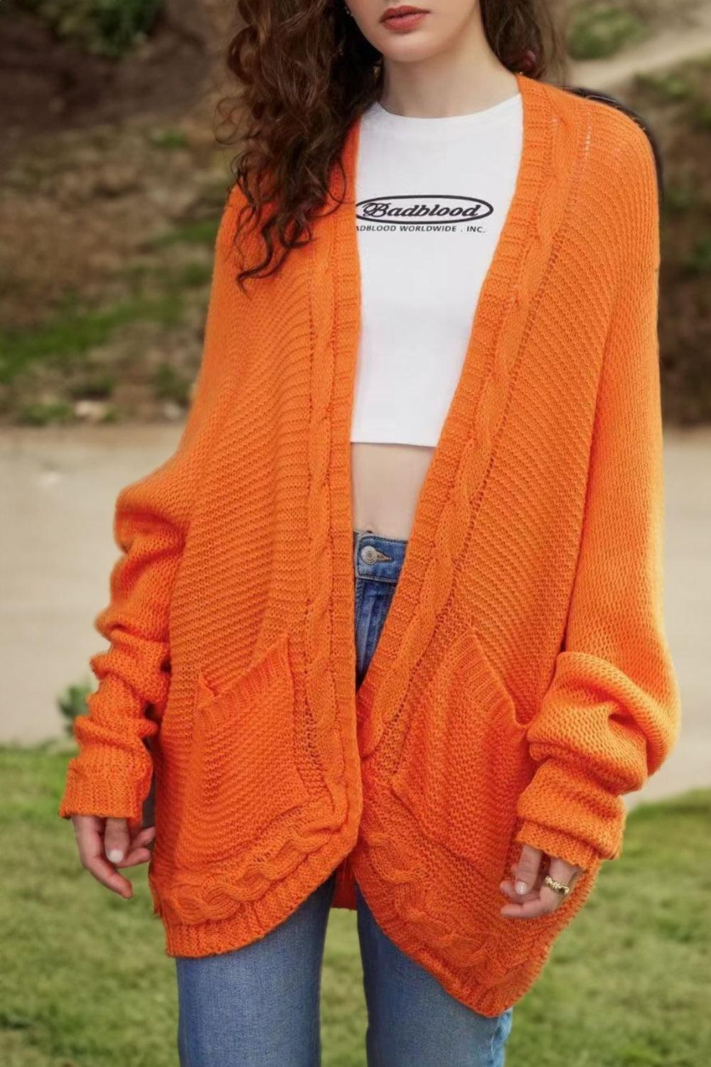 Cable-Knit Open Front Cardigan with Pockets Carauana Store