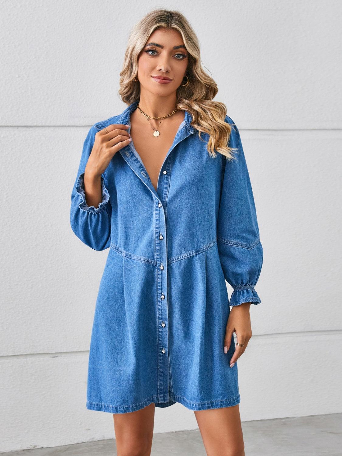 Button Up Flounce Sleeve Mini Denim Dress Carauana Store
