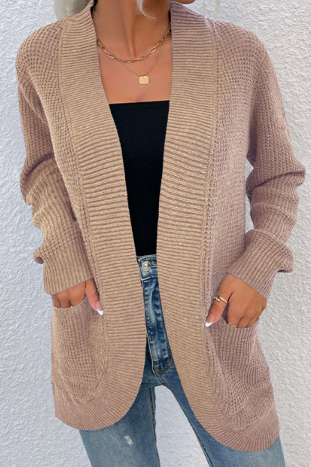 Open Front Rib-Knit Cardigan with Pockets Carauana Store