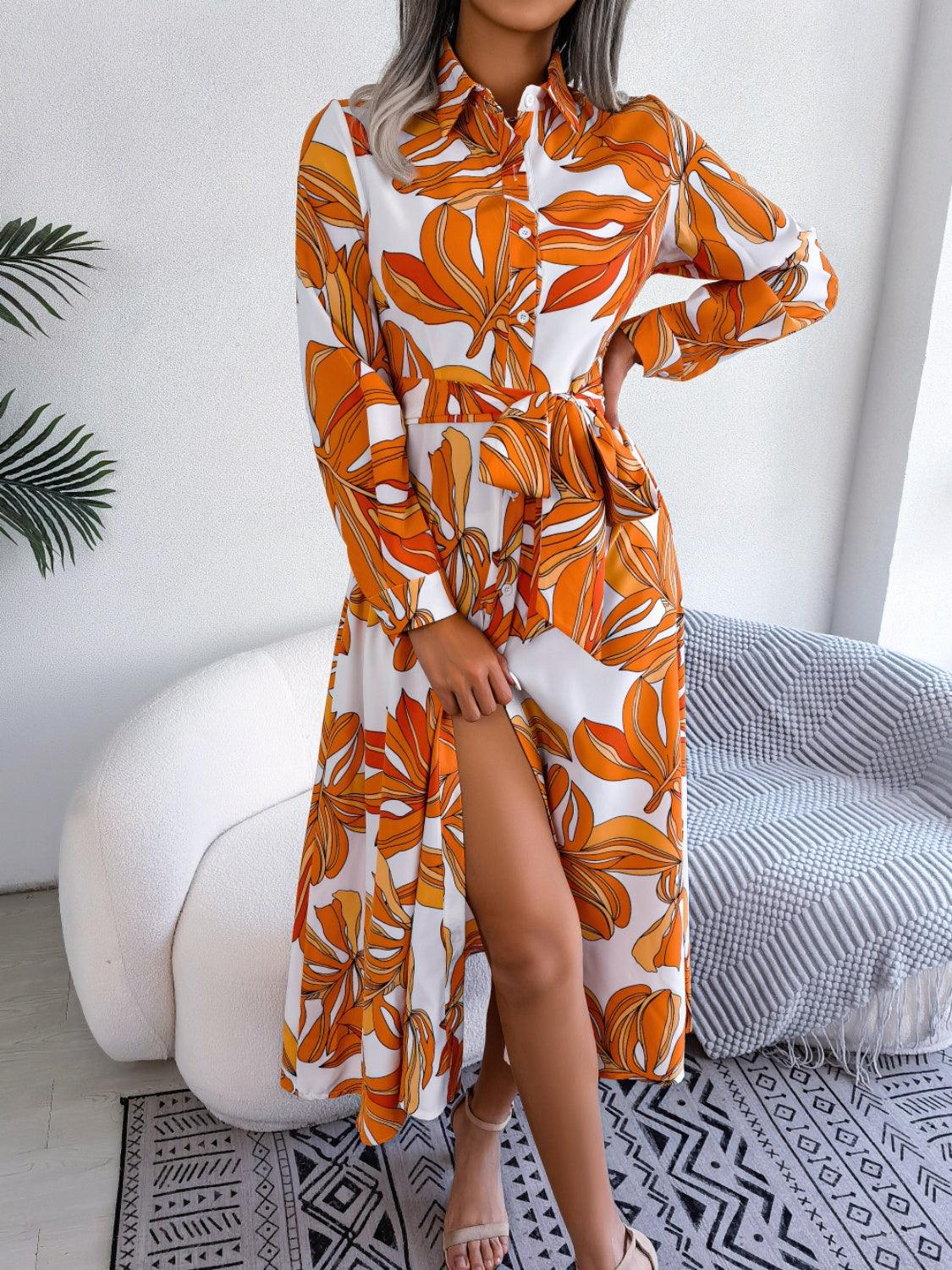 Tied Button Up Long Sleeve Dress Carauana Store