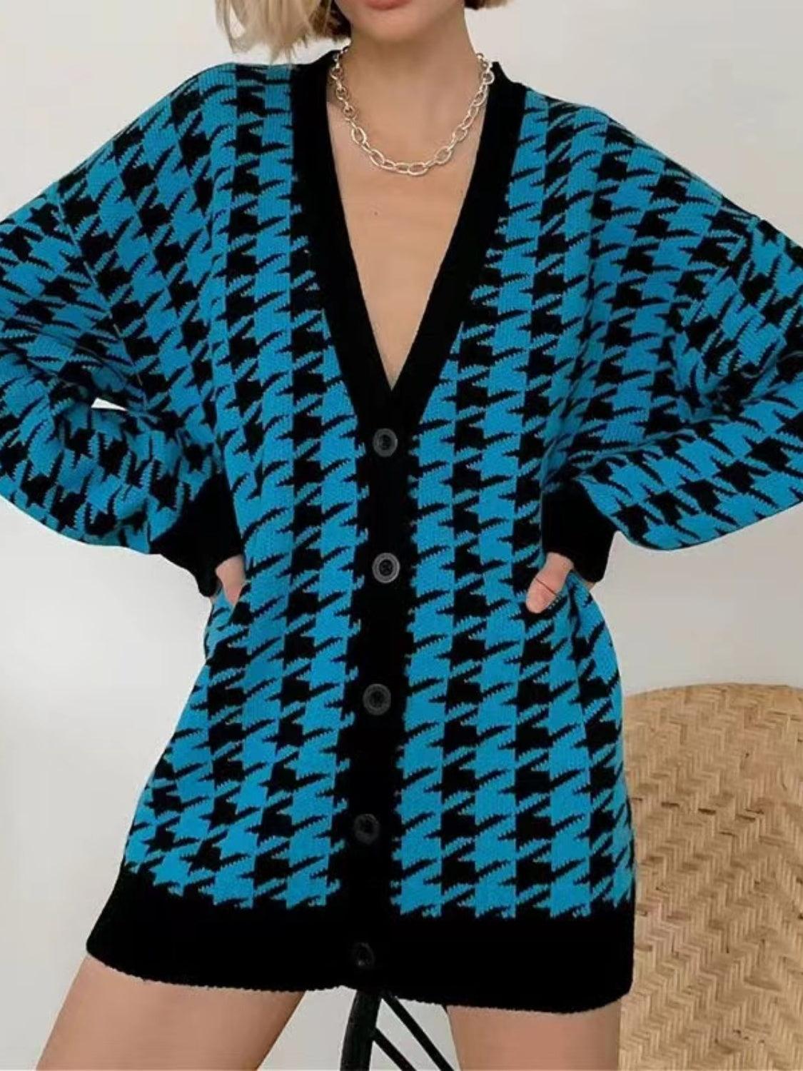 Houndstooth Button Up Long Sleeve Cardigan Carauana Store