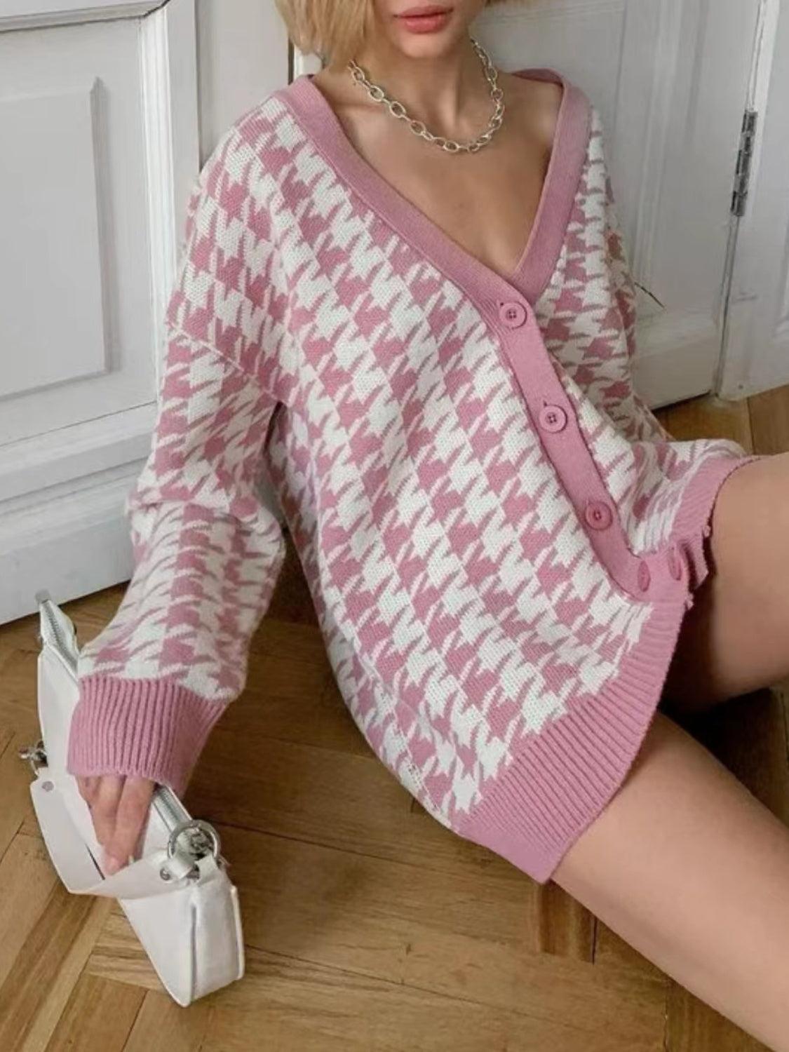 Houndstooth Button Up Long Sleeve Cardigan Carauana Store