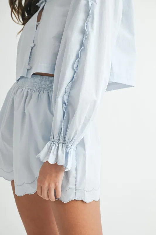 MABLE Long Sleeve Scallop Blouse and Shorts Set Carauana Store