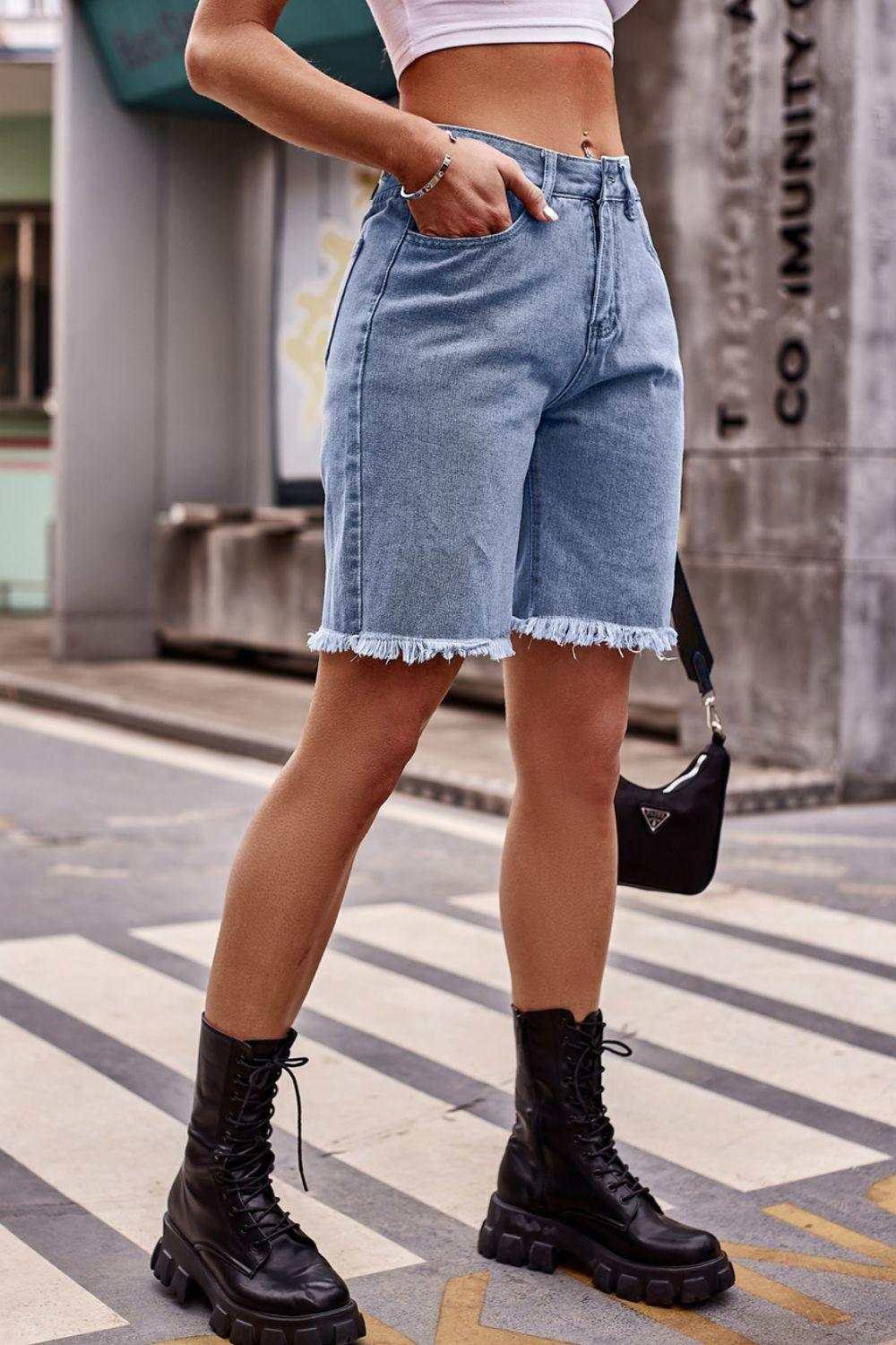 Raw Hem Denim Shorts with Pockets Carauana Store