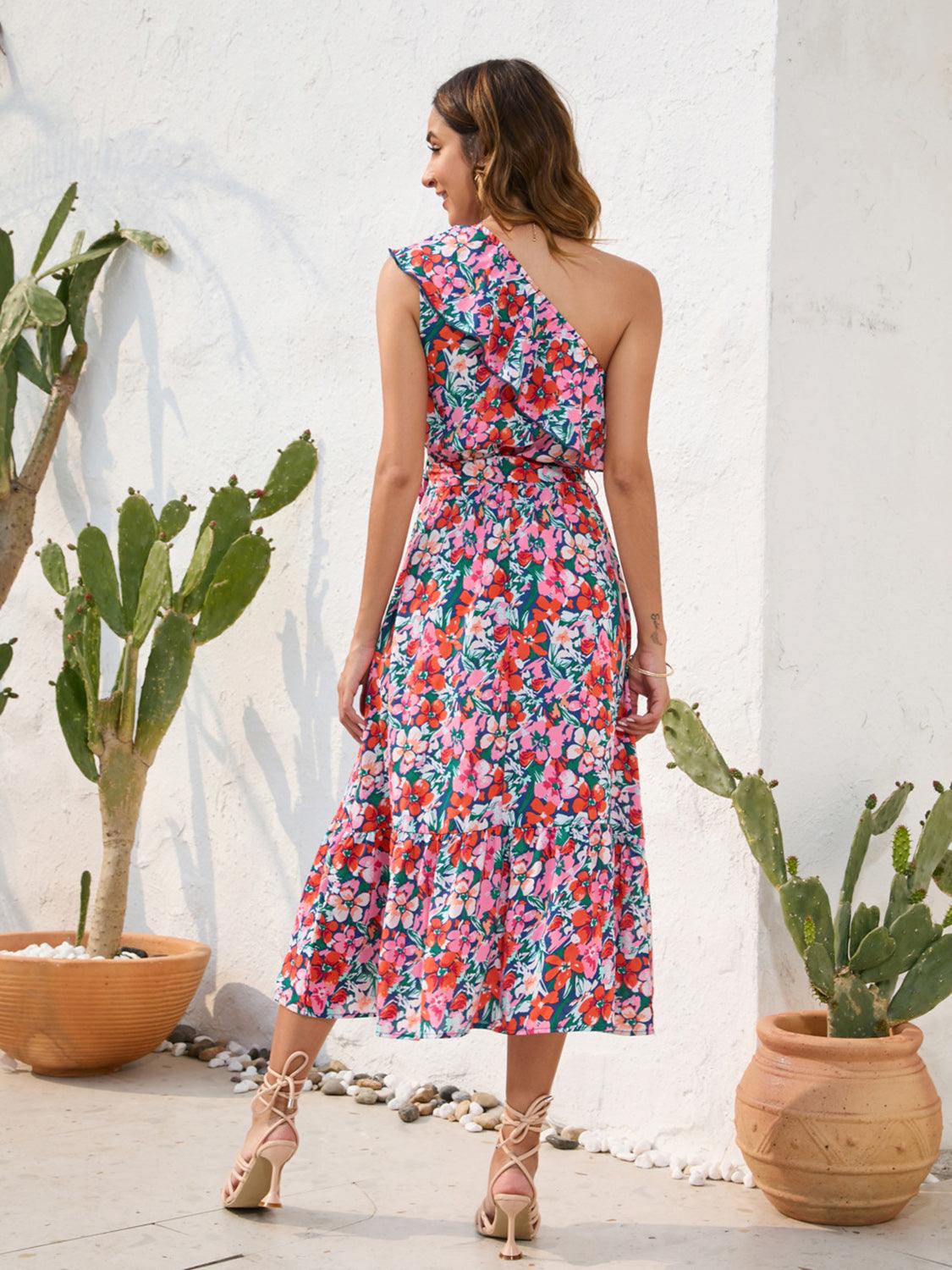 Ruffled Printed One Shoulder Midi Dress Carauana Store