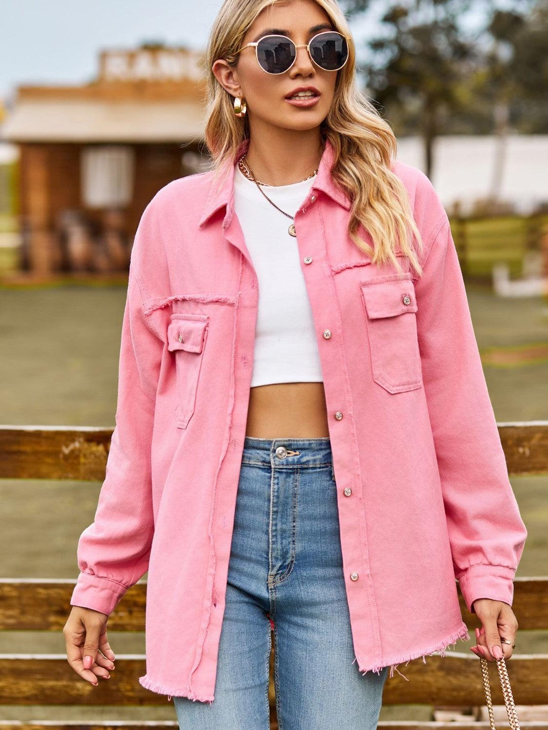 Button Up Collared Neck Raw Hem Denim Top Carauana Store