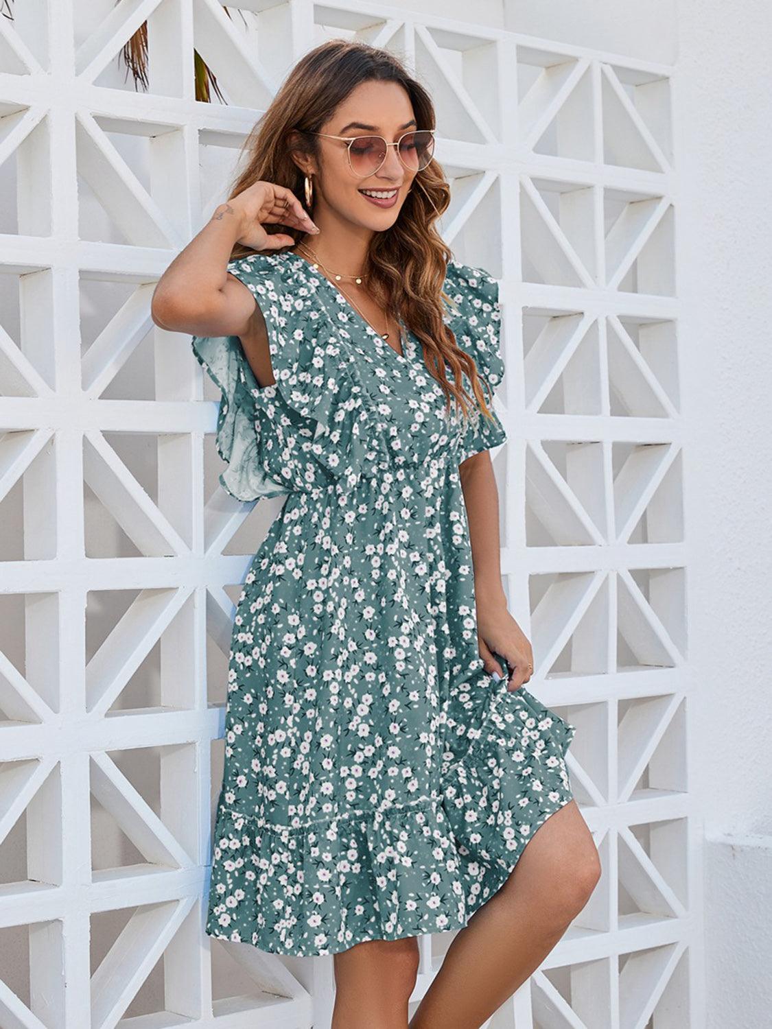 Ruffled Ditsy Floral Surplice Mini Dress Carauana Store