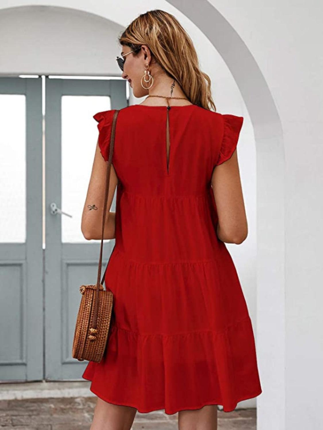 Ruffled Round Neck Cap Sleeve Mini Dress Carauana Store