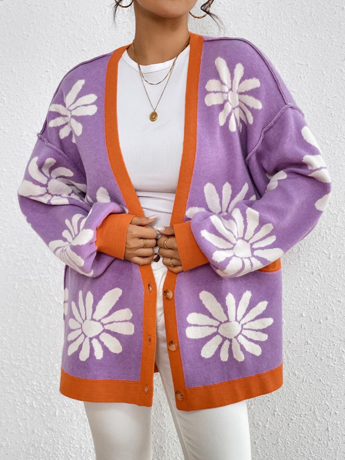 Contrast Dropped Shoulder Long Sleeve Cardigan Carauana Store