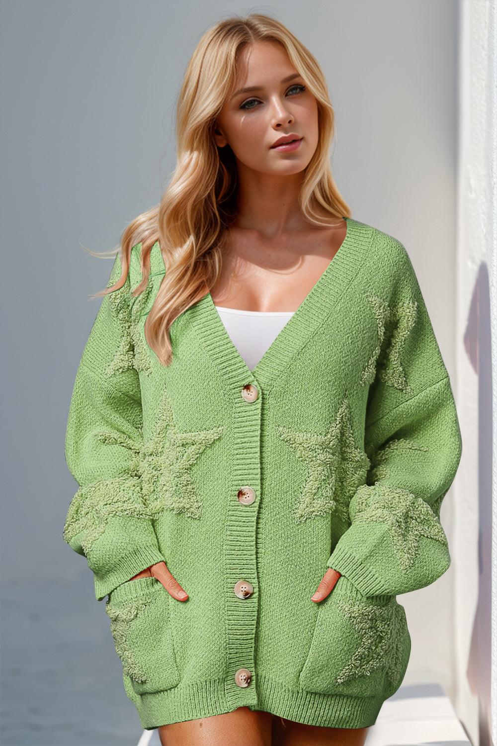 Double Take Full Size Button Up Star Pattern Cardigan Carauana Store