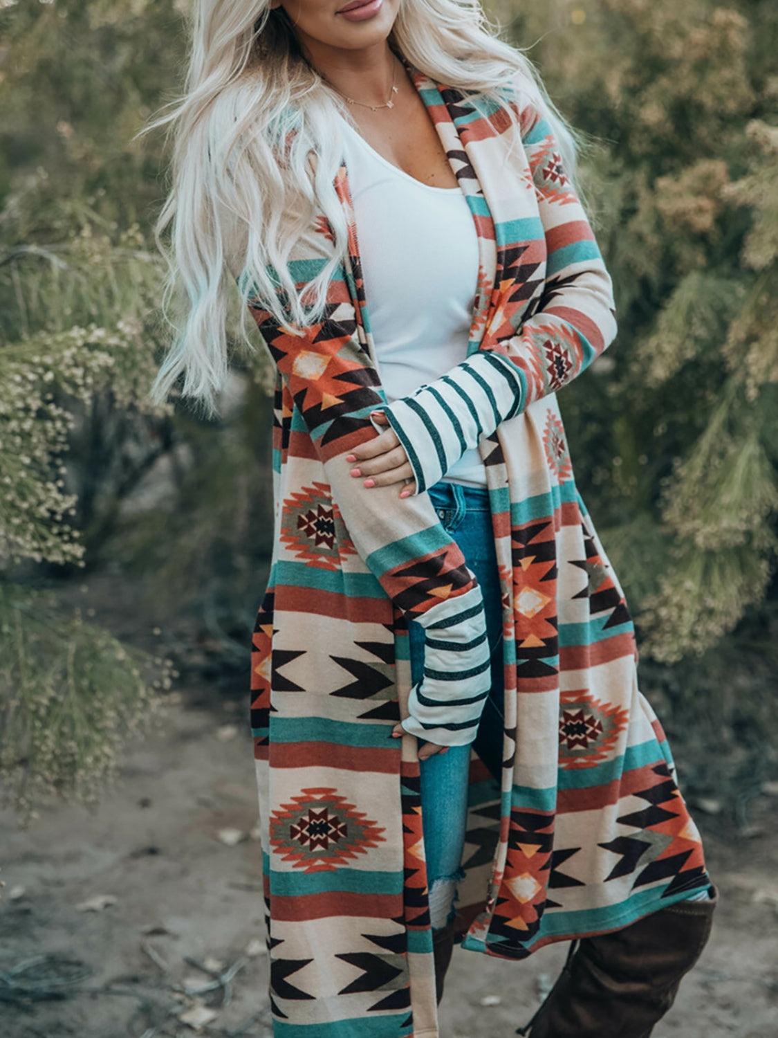 Geometric Open Front Long Sleeve Cardigan Carauana Store