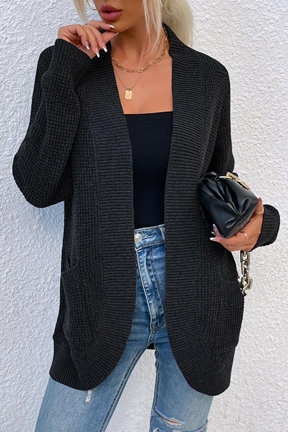 Open Front Rib-Knit Cardigan with Pockets Carauana Store