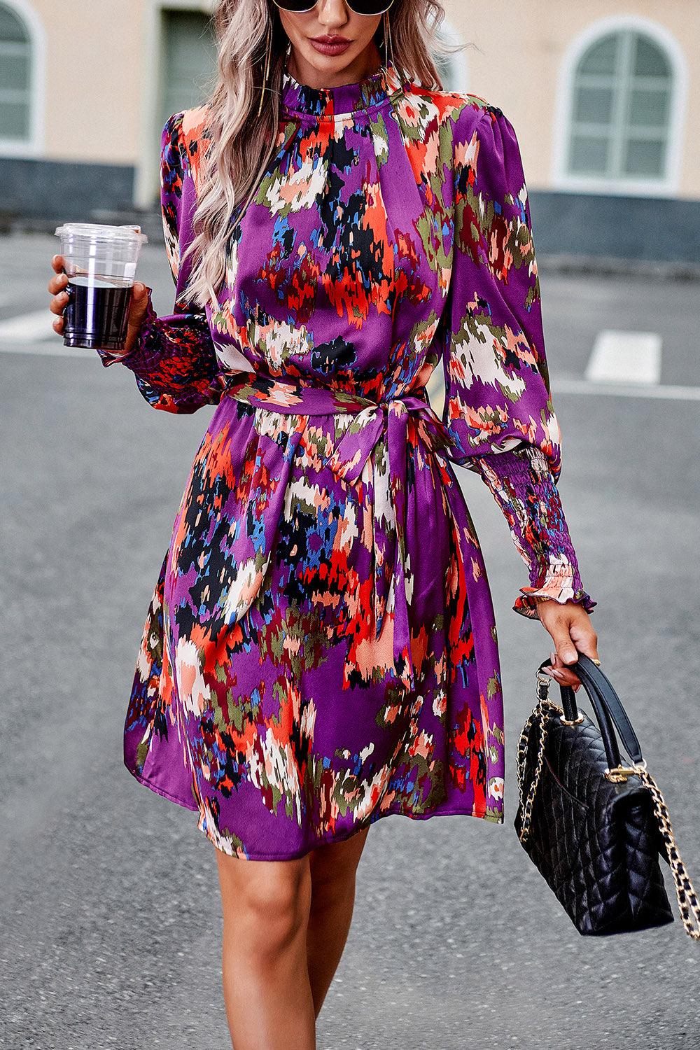 Printed Tie Waist Mock Neck Lantern Sleeve Dress Carauana Store