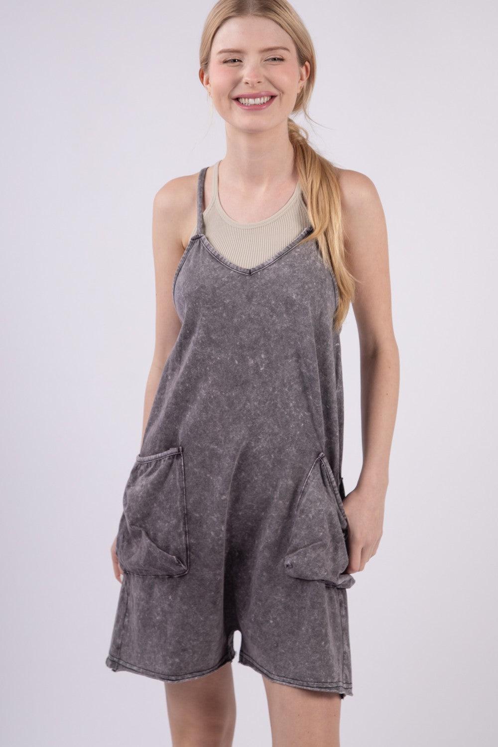 VERY J V-Neck Sleeveless Washed Romper Carauana Store