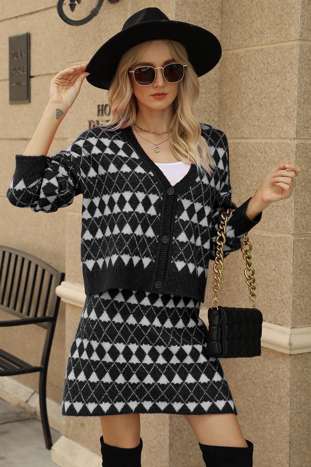 Geometric Button Front Cardigan and Skirt Set Carauana Store