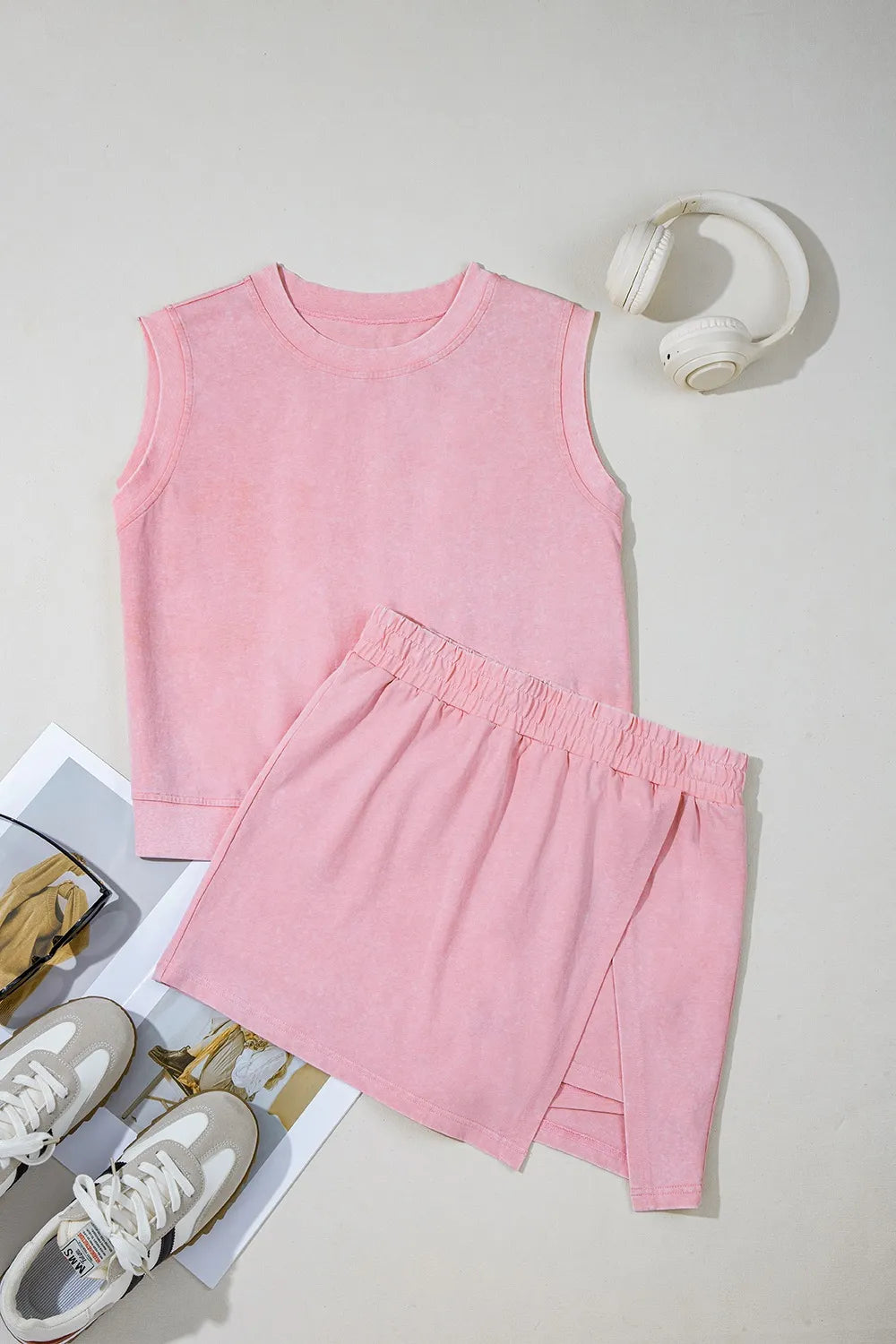 Mineral Wash Cotton Tank Top and Slit Skort Set Carauana Store