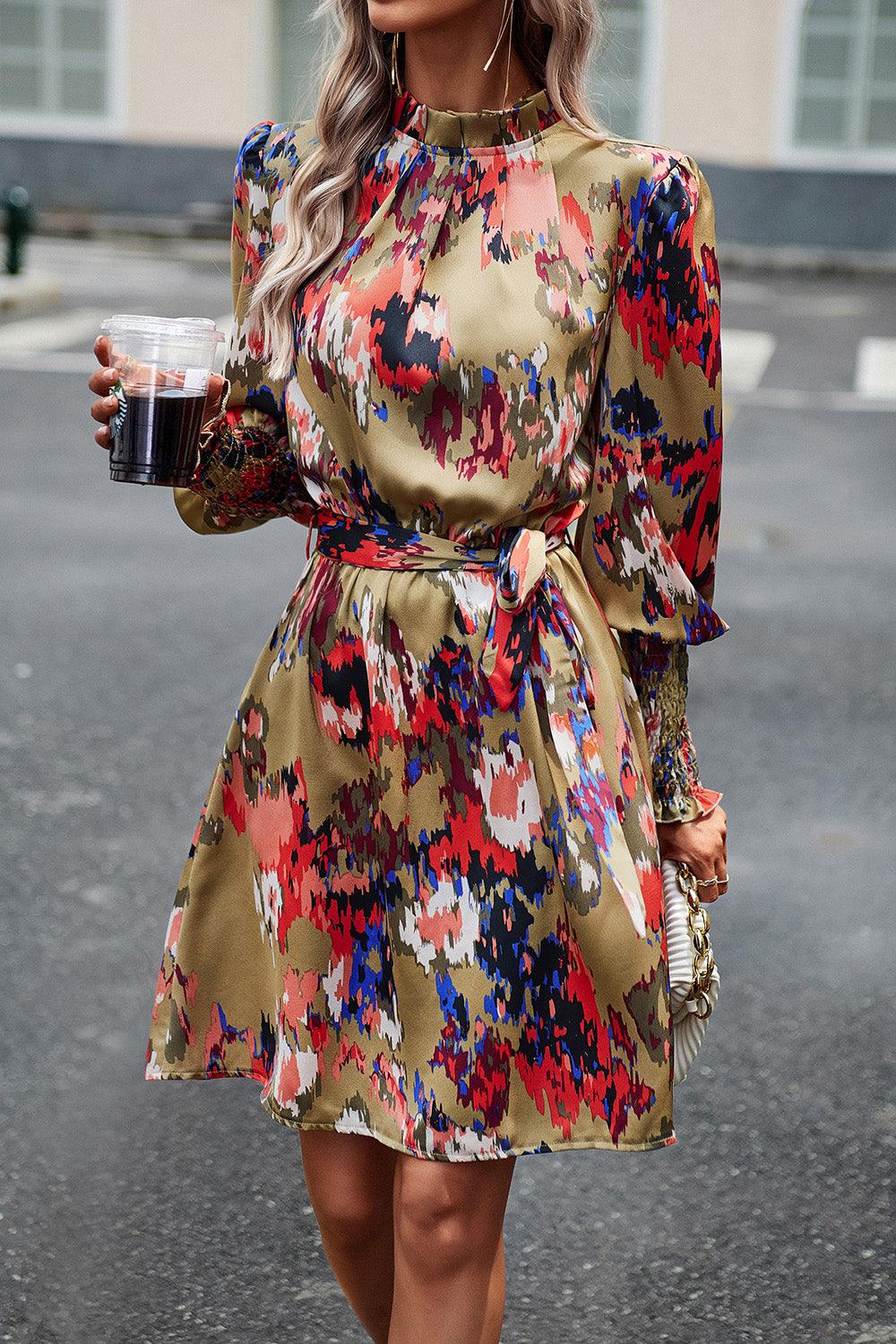 Printed Tie Waist Mock Neck Lantern Sleeve Dress Carauana Store