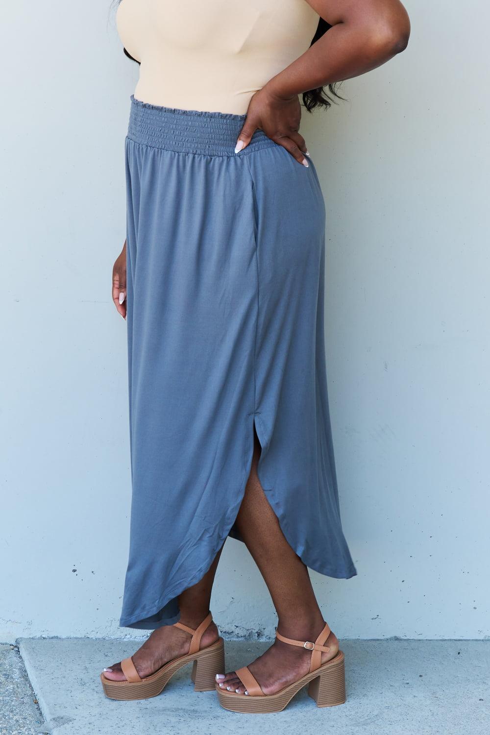 Doublju Comfort Princess Full Size High Waist Scoop Hem Maxi Skirt in Dusty Blue Carauana Store