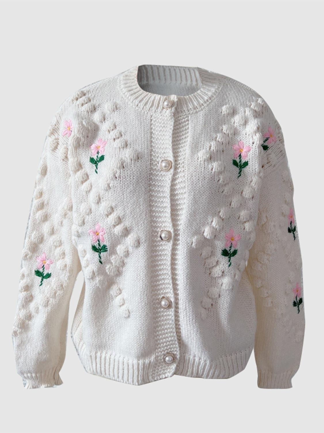 Floral Button Up Round Neck Long Sleeve Cardigan Carauana Store